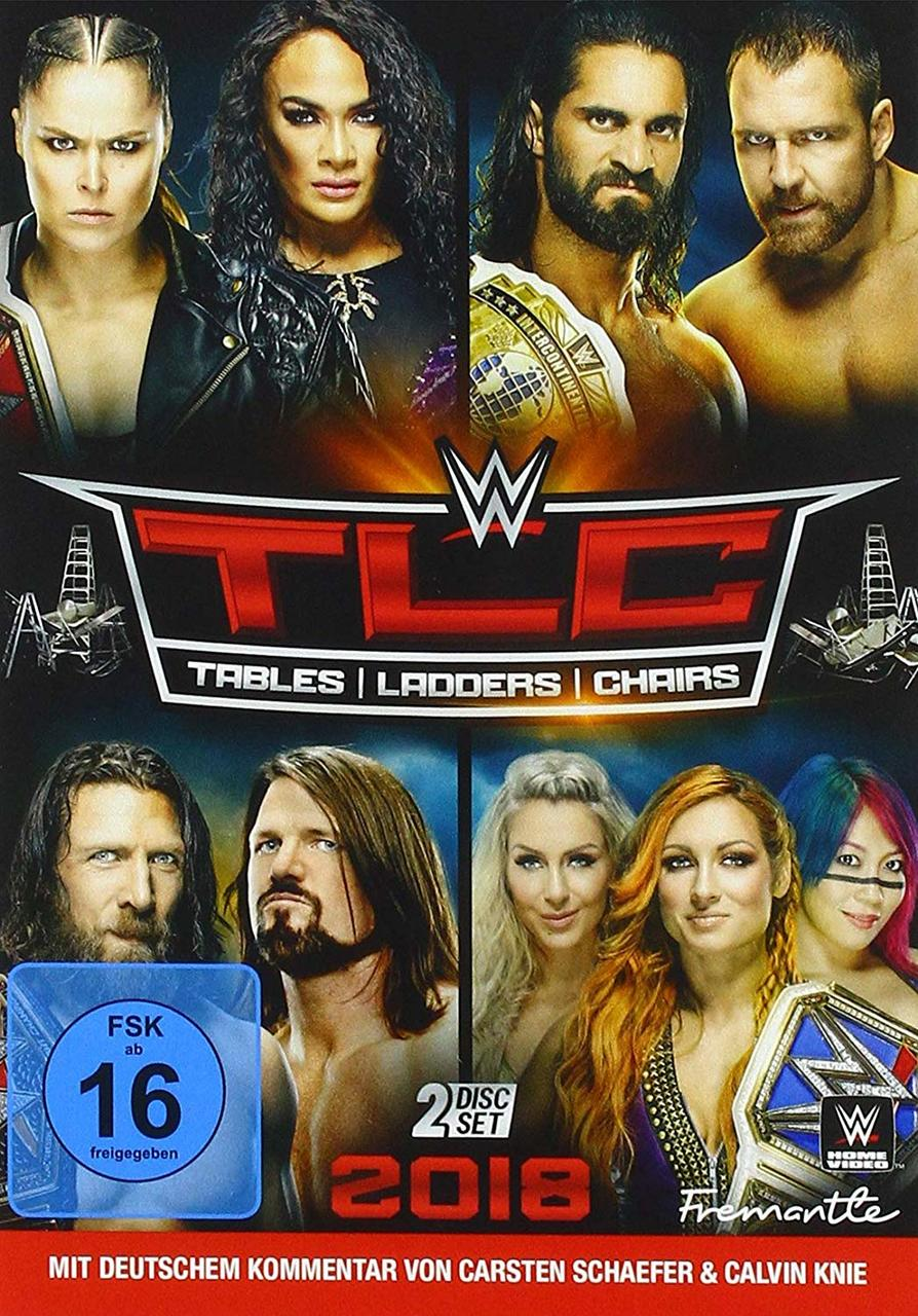 DVD-Cover: Wrestler, Titel 'WWE TLC 2018', mehrere Wrestler und ein Logo.