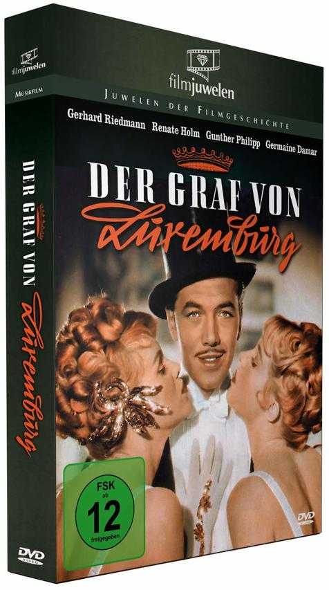 DVD-Cover von 'Der Graf von Luxemburg' mit einem Mann im Smoking und zwei Frauen, die ihn küssen.