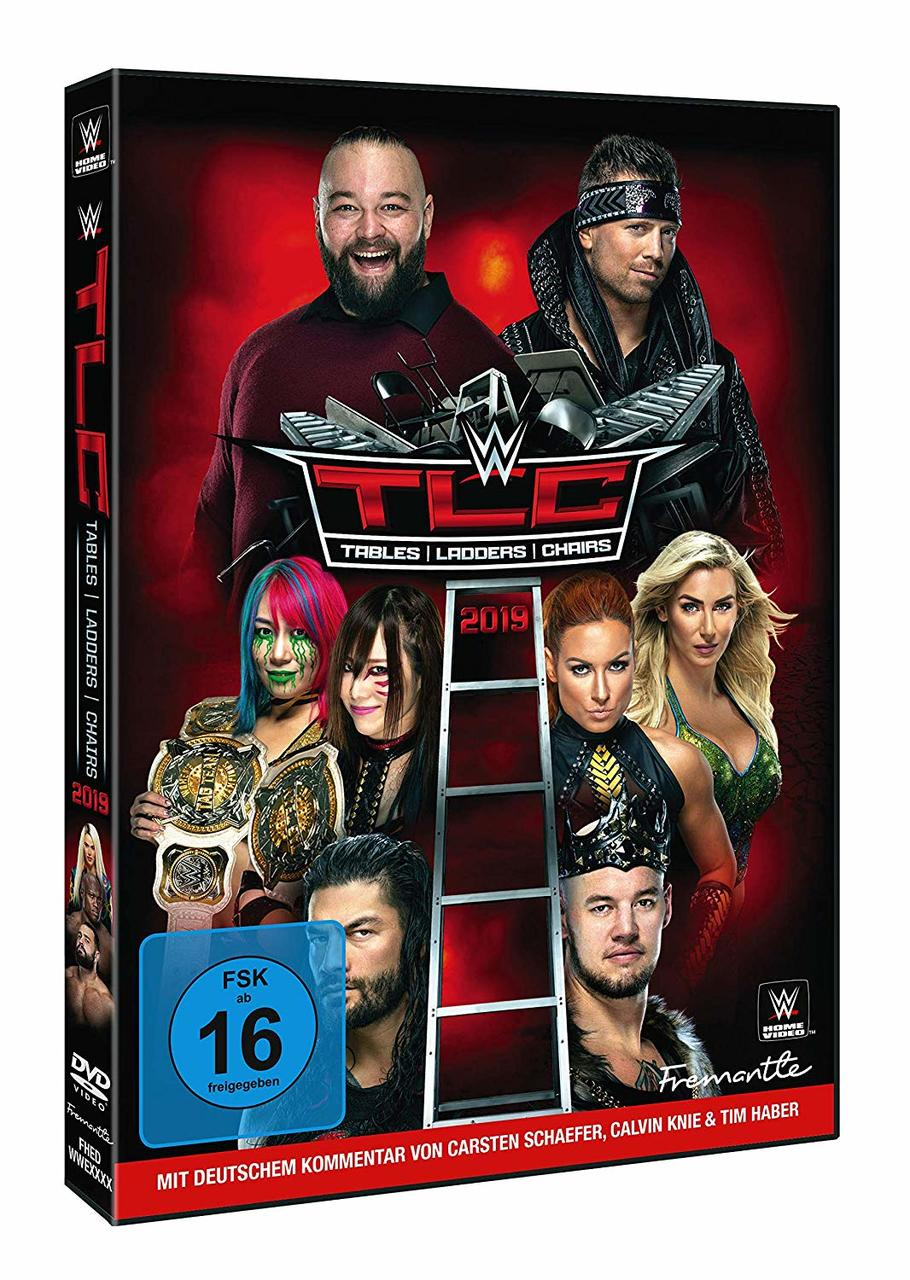 WWE TLC 2019 DVD-Hülle mit Wrestlern. Eine Leiter befindet sich in der Mitte.