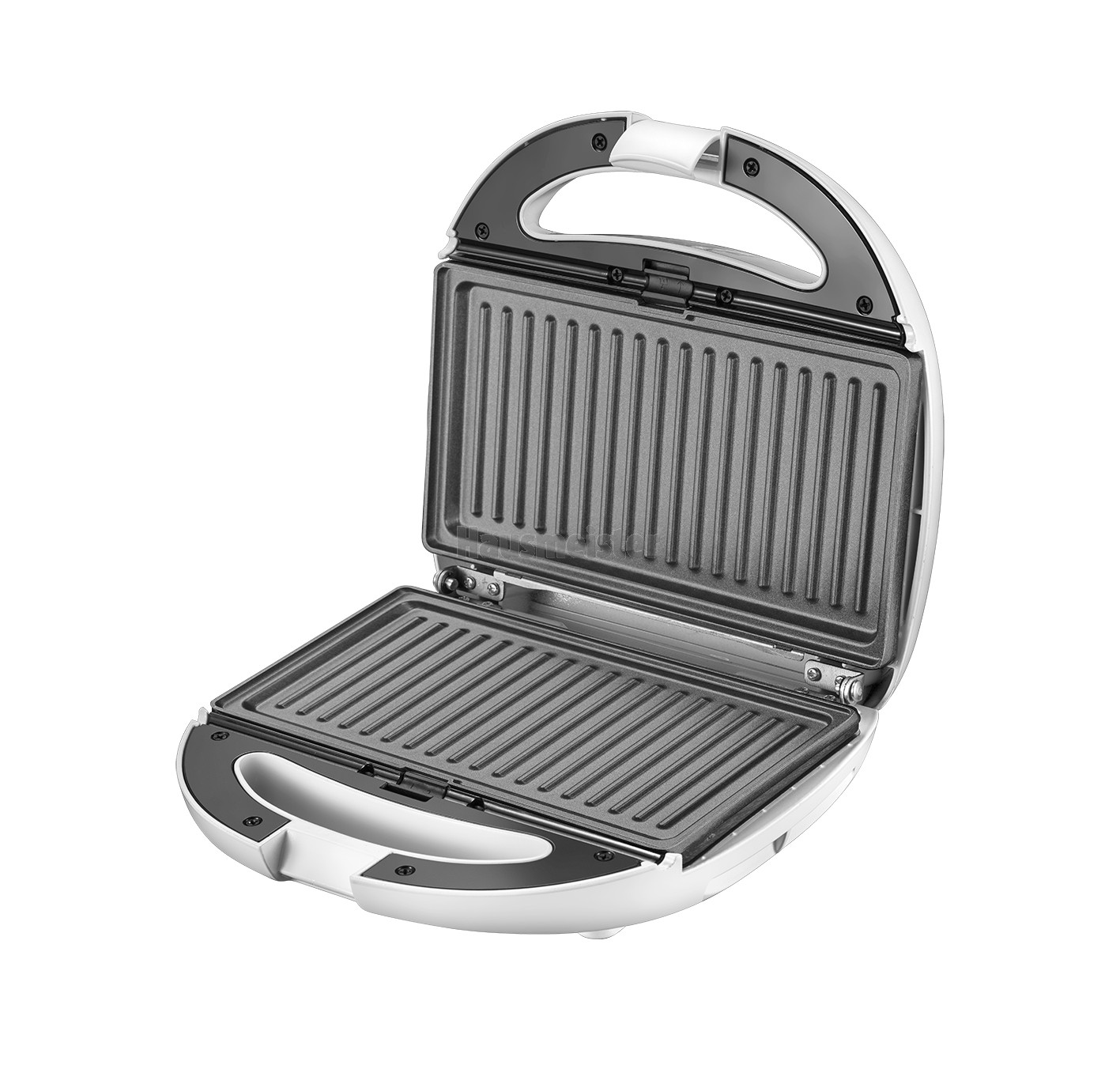 Nyitott fehér szendvicskészítő grillsütő lapokkal, fehér háttéren.
