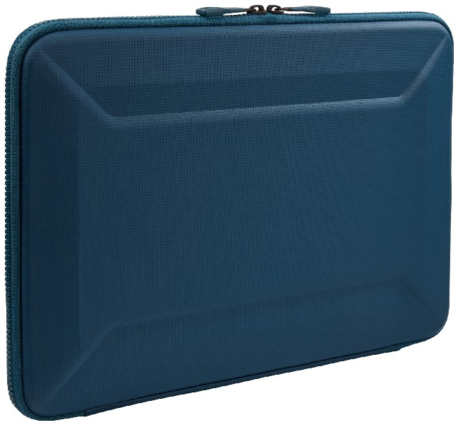 Una funda para portátil rectangular azul oscuro con cremallera y superficie texturizada.
