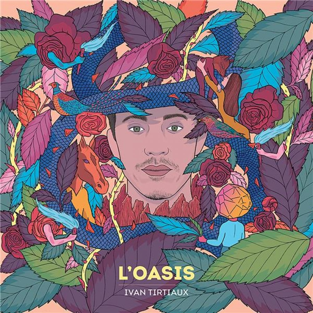Albumhoes met een portret van een man omringd door bloemen en vogels.
