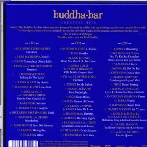 Die Rückseite eines Buddha-Bar-CD-Covers, mit den Künstlern und Songs auf drei CDs. Blauer Hintergrund.