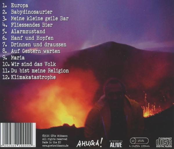 CD-Rückseite mit einem Mann vor einem ausbrechenden Vulkan. Die Titelliste befindet sich links. Dunkler Hintergrund.