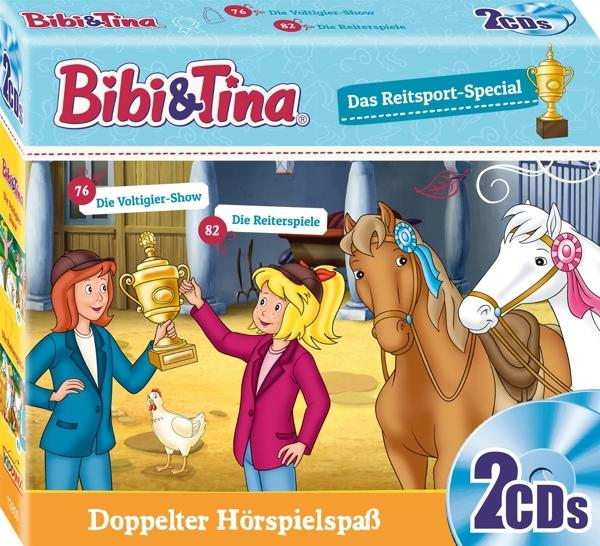 Bibi & Tina CD-Hülle mit Cartoon-Bildern von Mädchen, Pferden und einer Trophäe.