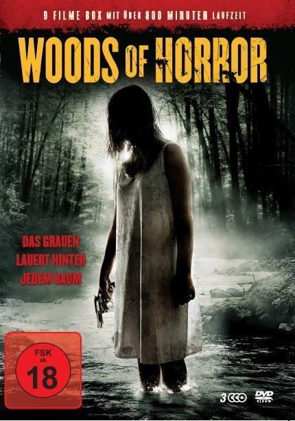 Filmplakat: Frau in weißem Kleid im Fluss, mit einer Pistole, mit dem Titel 'Woods of Horror'.