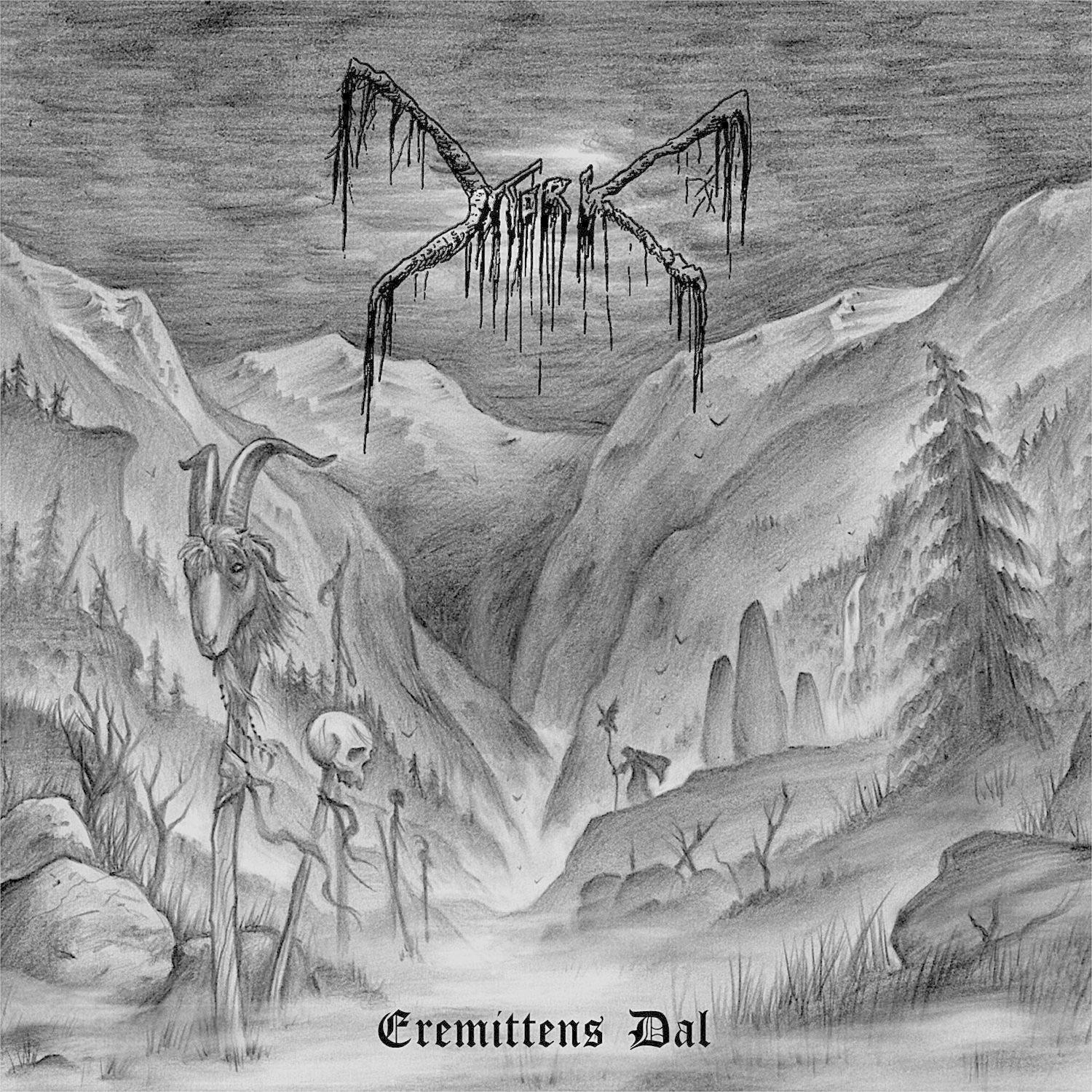 Monochrome Zeichnung einer Landschaft mit Bergen, Bäumen und dunklem Himmel. Eine Figur und ein Skelett im Vordergrund.