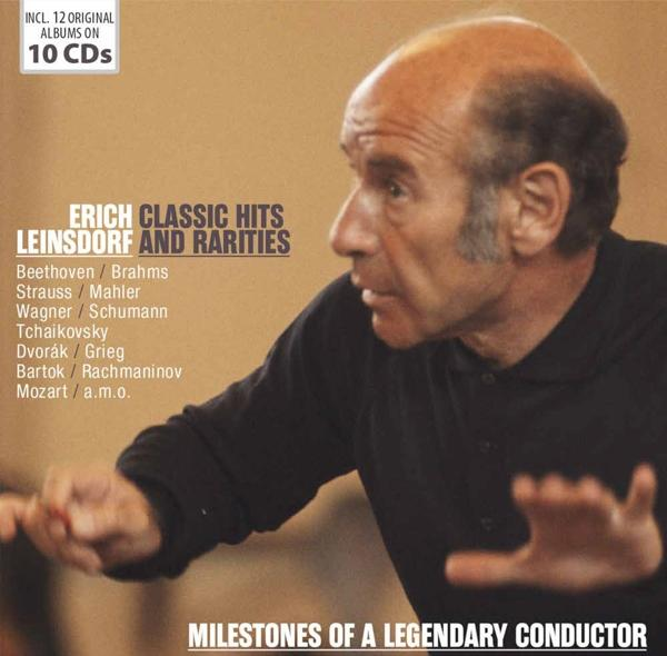 Erich Leinsdorf albumhoes met tekst en een portret van de dirigent.