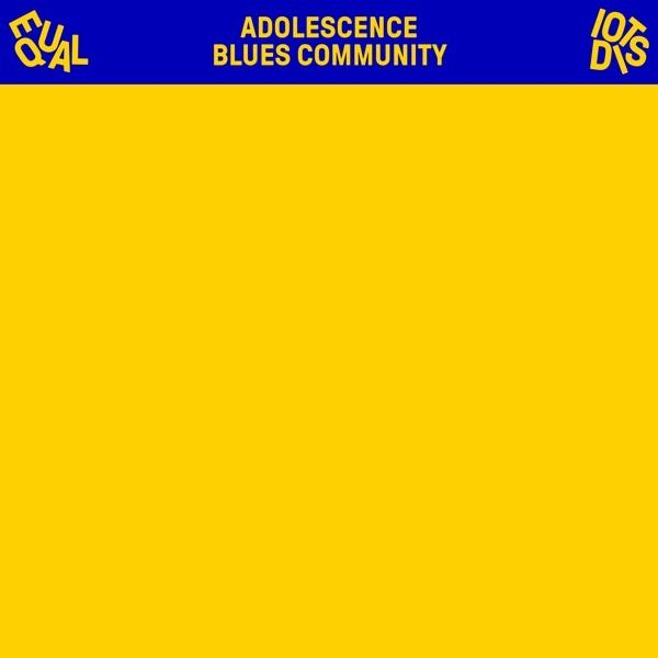 Blauwe en gele achtergrond met tekst: ADOLESCENCE BLUES COMMUNITY, en EQUAL en IOTS DYS.