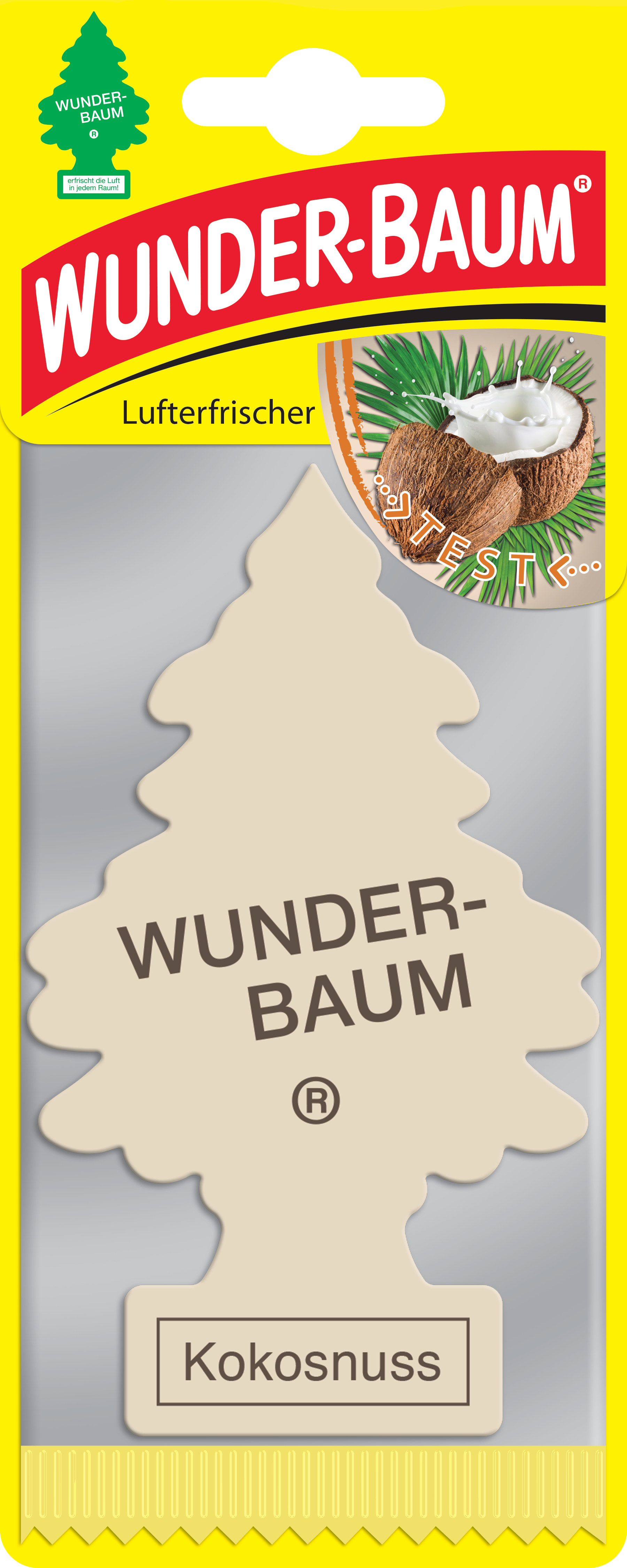Wunder-Baum légfrissítő. Sárga csomagolás kókuszdió képpel és szöveggel.