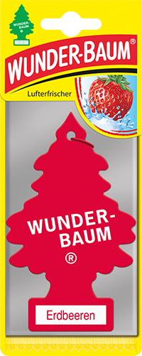 Piros légfrissítő sárga csomagolásban. Fa alakú "WUNDER-BAUM" felirattal. Eper kép.