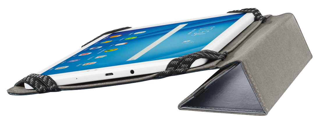 Egy tablet egy szürke tokban, szögben megtámasztva, fekete rugalmas pánttal.