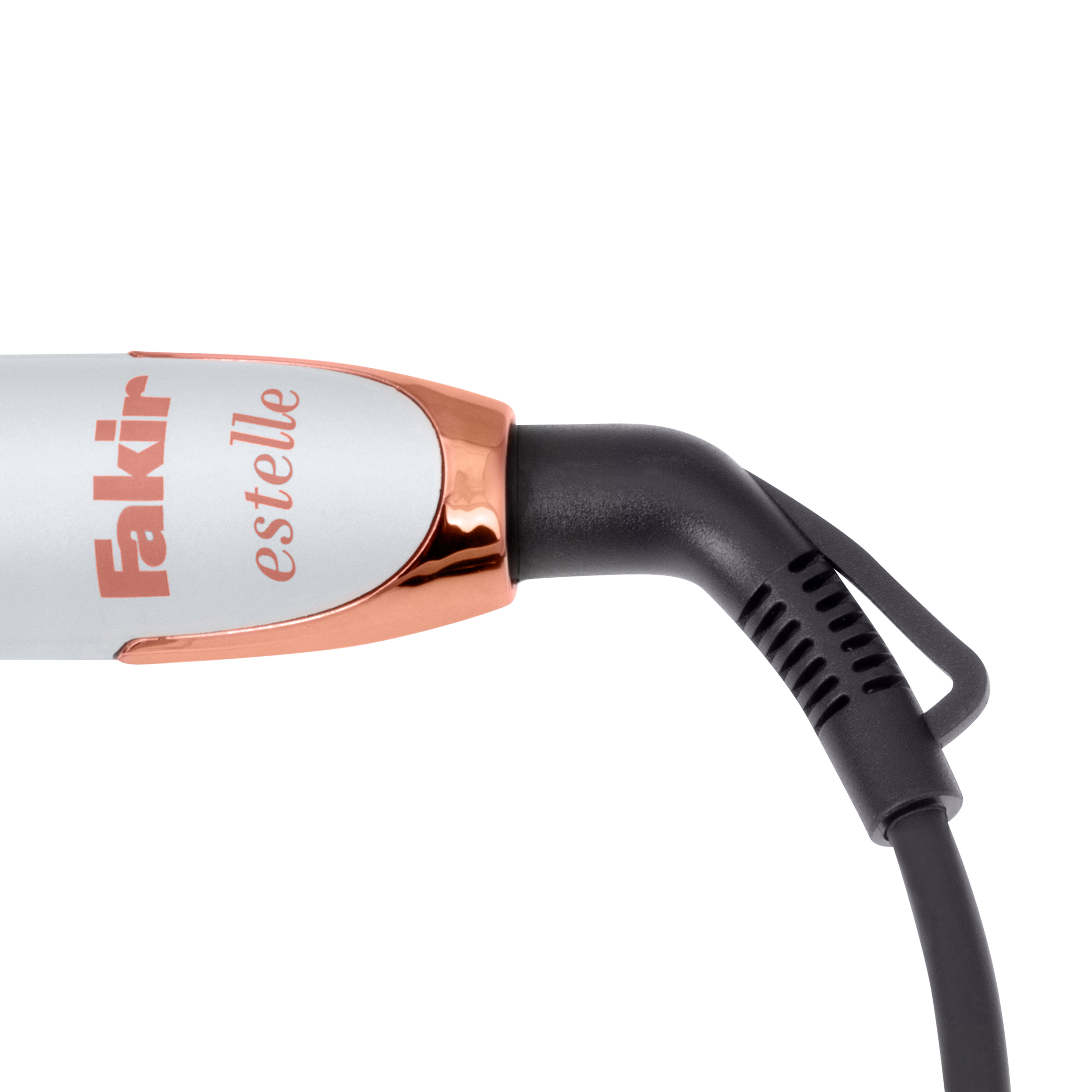 Nahaufnahme eines weißen und roségoldenen Haarglätters.