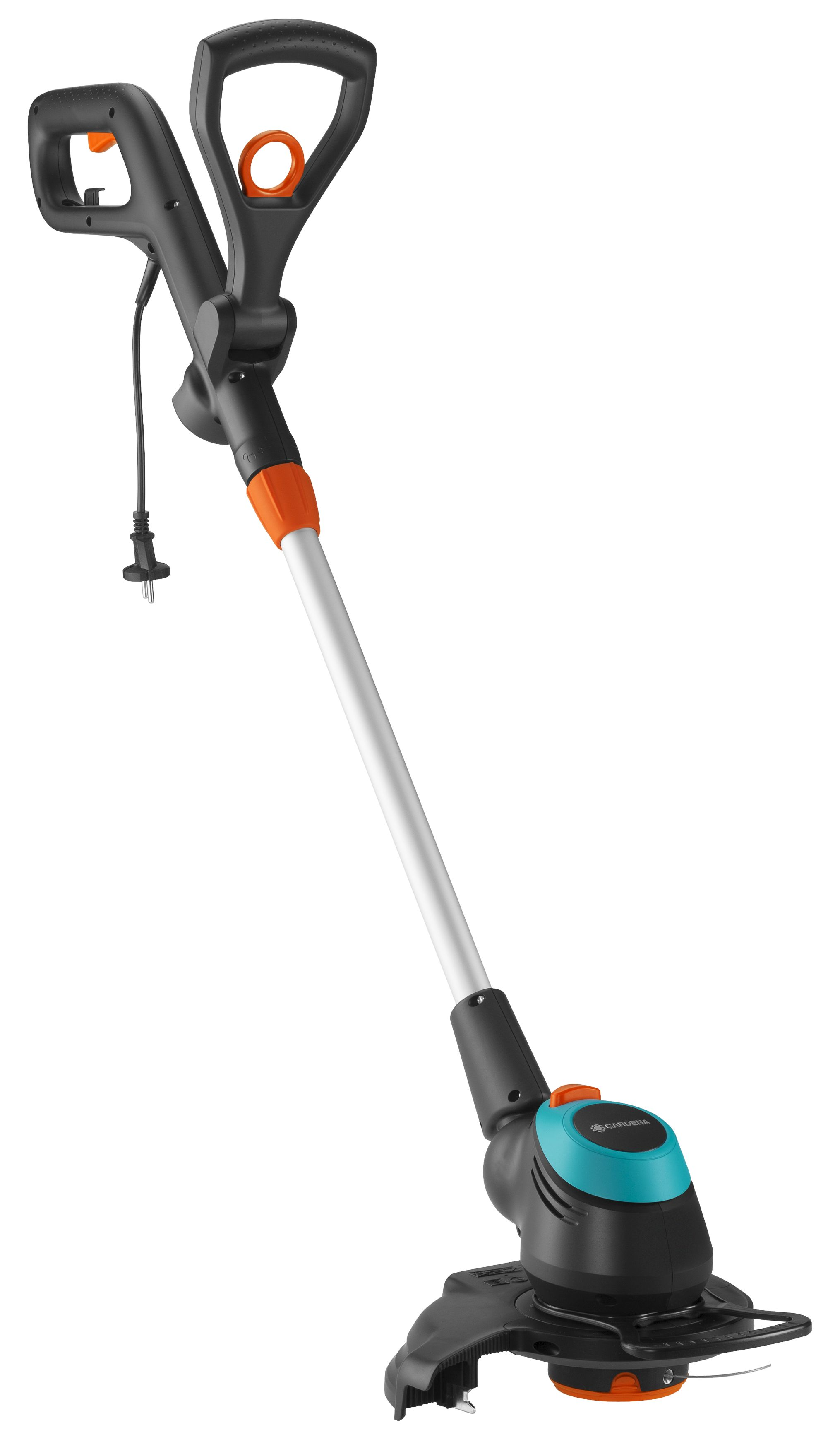 Ein elektrischer Rasentrimmer, schwarz und orange, mit einem silbernen Stiel und einem schwarzen Griff. Weißer Hintergrund.