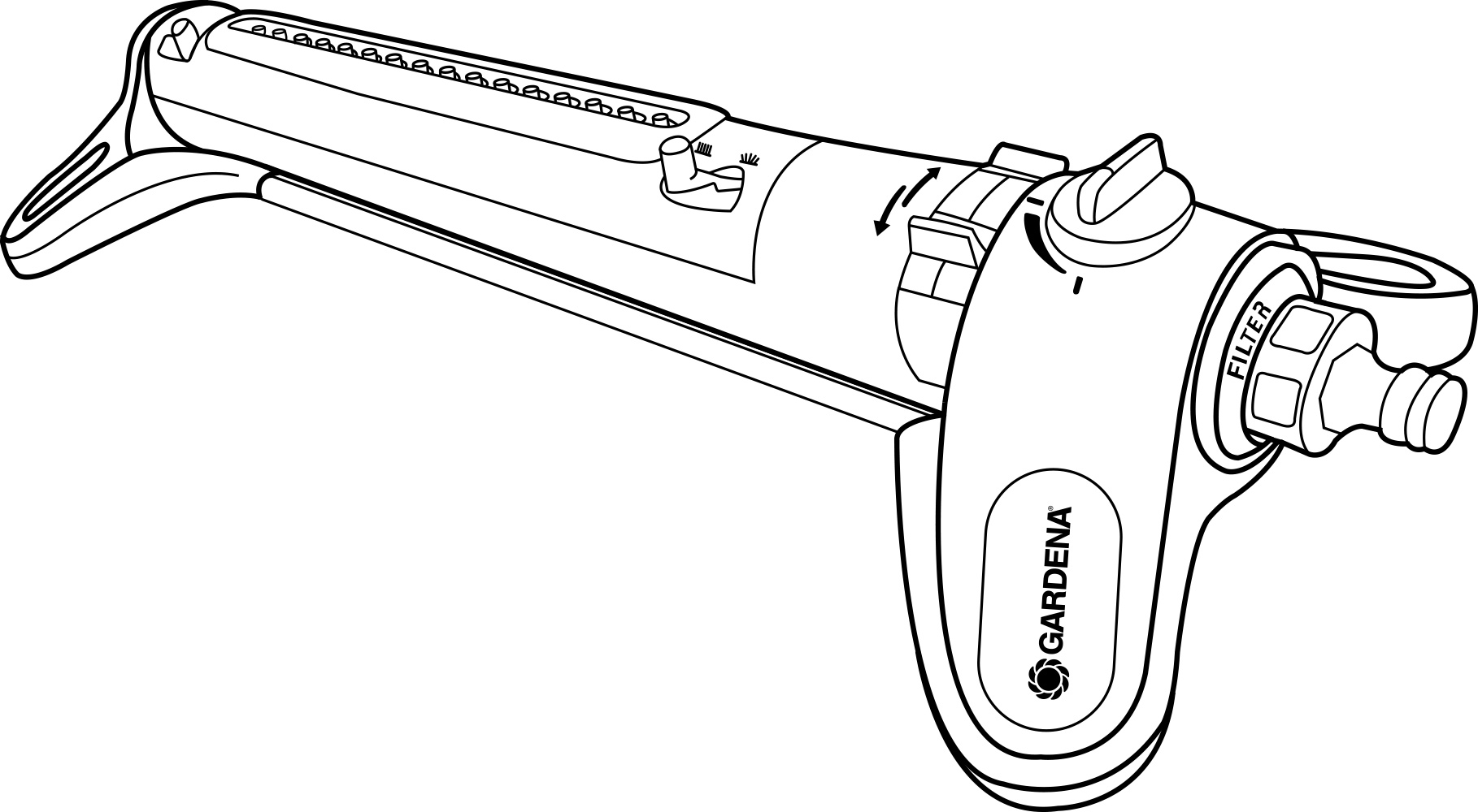 Eine Schwarz-Weiß-Strichzeichnung eines GARDENA-Sprinklers.