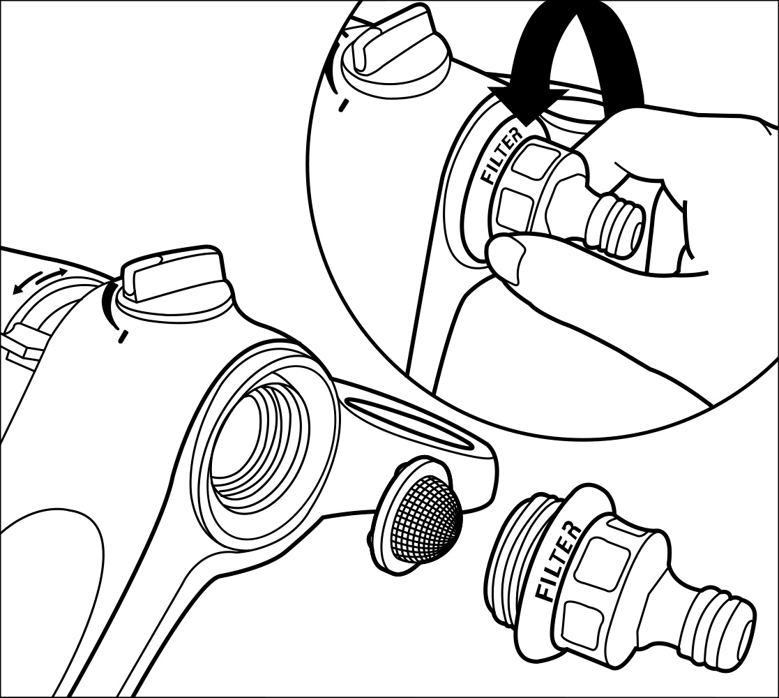 Diagramm zeigt das Entfernen eines Filters aus einer Maschine. Eine Hand dreht den Filter mit dem Wort FILTER darauf.
