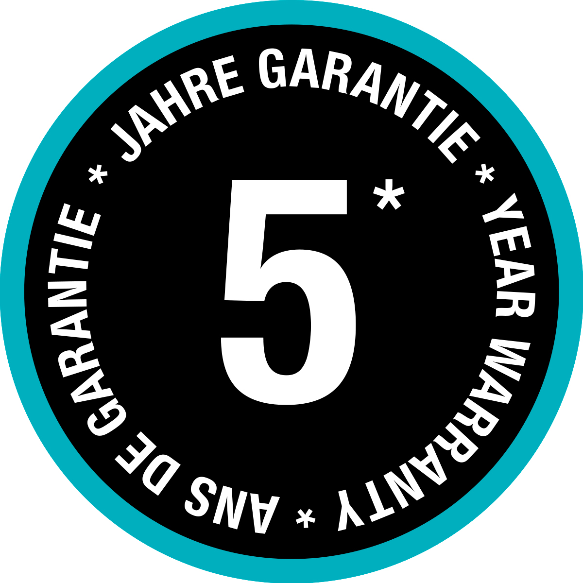 Ein schwarz-blauer Kreis mit dem Text '5 JAHRE GARANTIE' und 'YEAR WARRANTY'.
