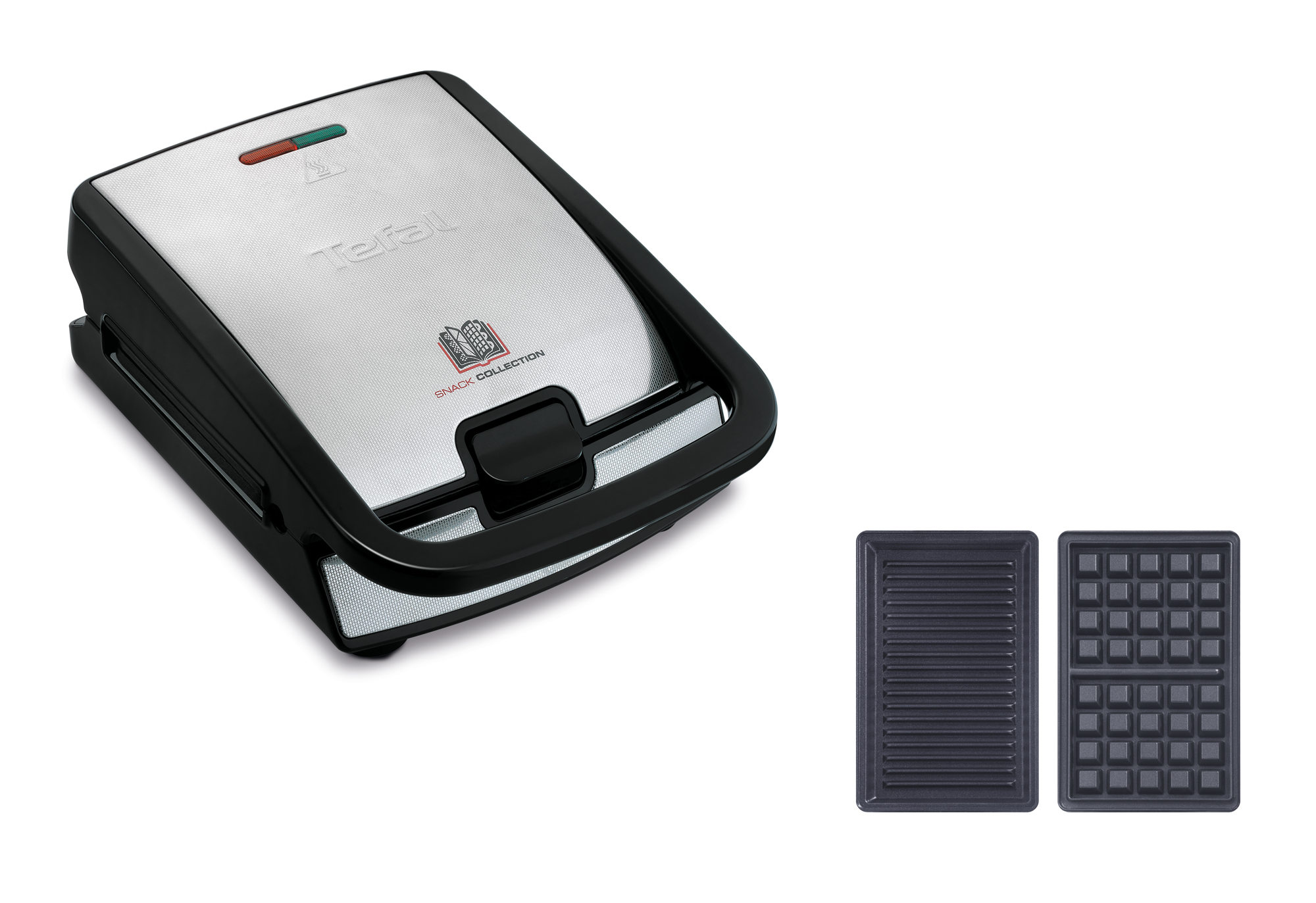 Tefal snackmaker, zilveren bovenkant, zwarte basis, met grill- en wafelplaten ernaast.