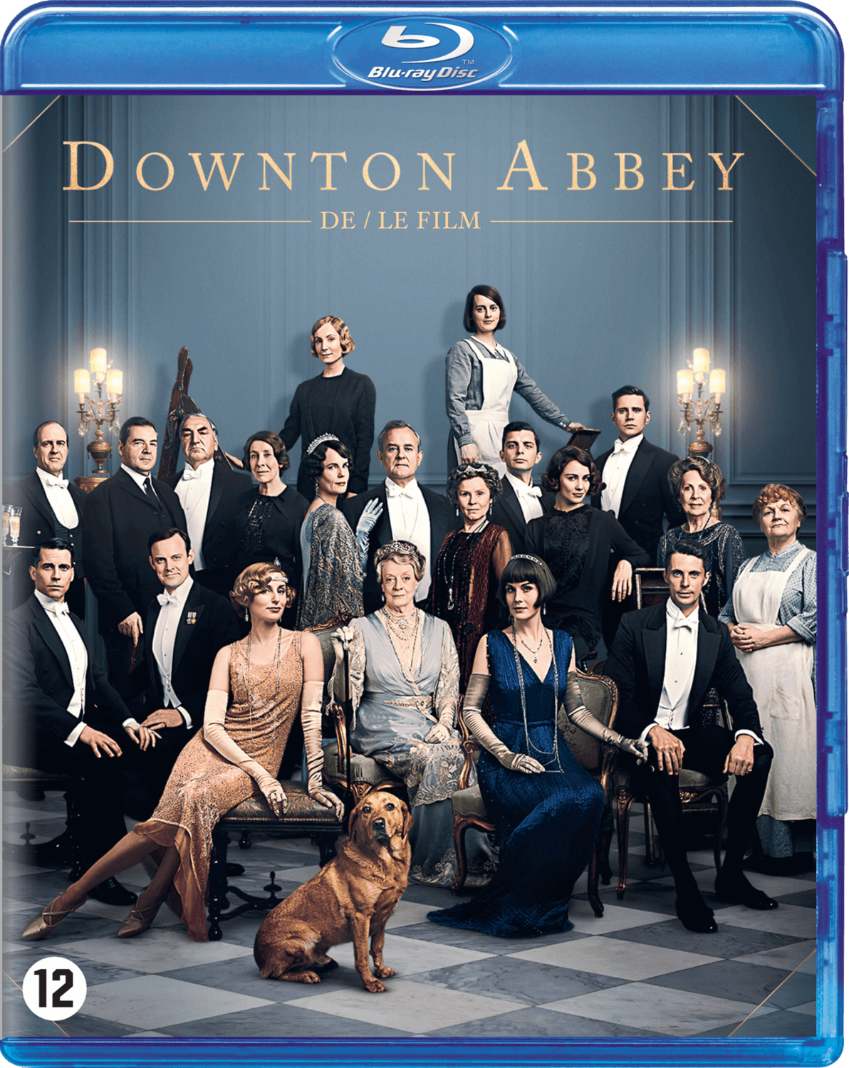 Pochette Blu-ray de Downton Abbey. Groupe de personnes en tenue formelle, chien devant. Emballage bleu.