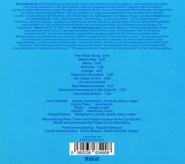 Text auf blauem Grund. Der Text handelt von Rockmusik-Warnungen in China, mit Songtiteln und Credits.