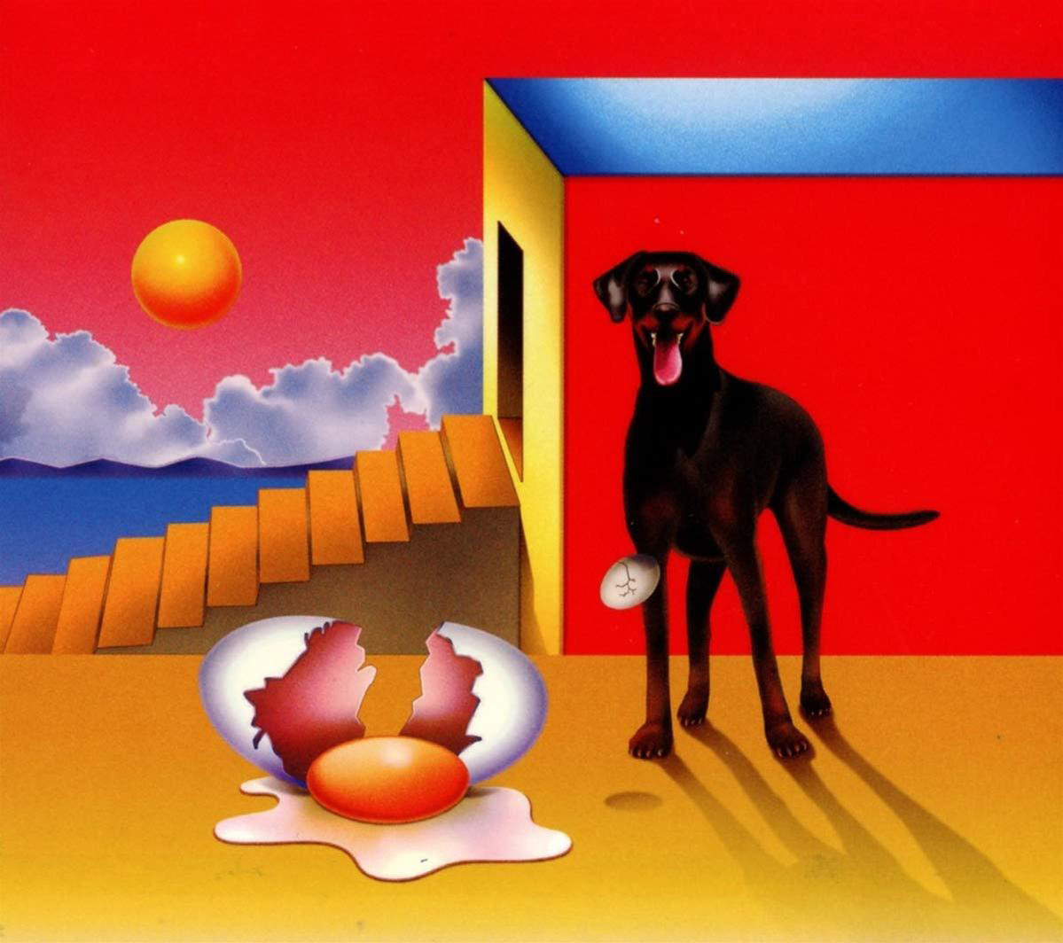 Kunstwerk: Hund mit Ei, zerbrochene Eierschale, roter Hintergrund.