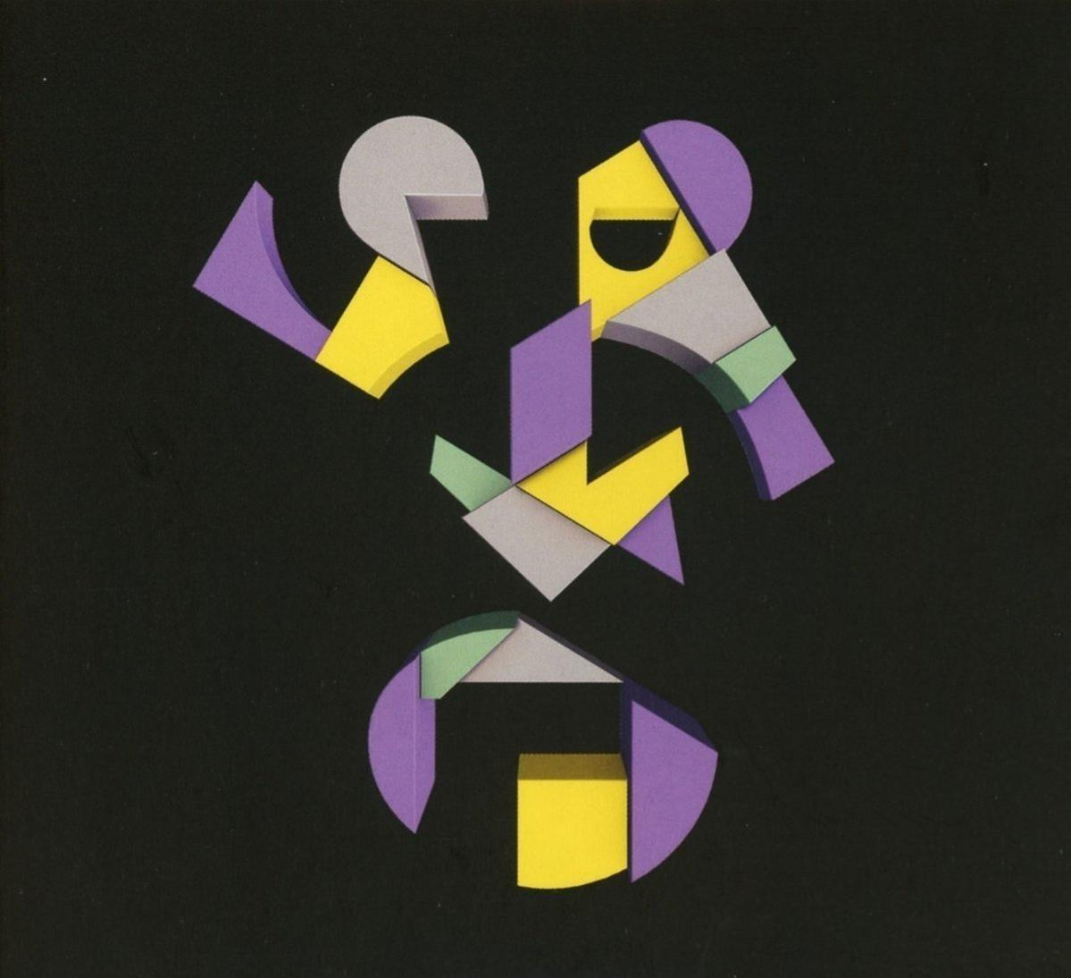 Abstracte kunst met kleurrijke geometrische vormen op zwarte achtergrond.