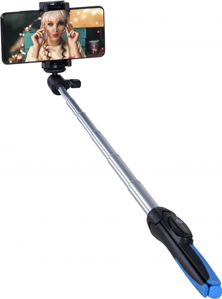Un selfie stick che tiene un telefono con un selfie di una donna.