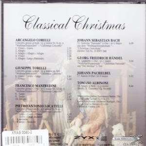 Rückseite eines Classical Christmas CD-Covers mit Krippenszene und Musikstücklisten.