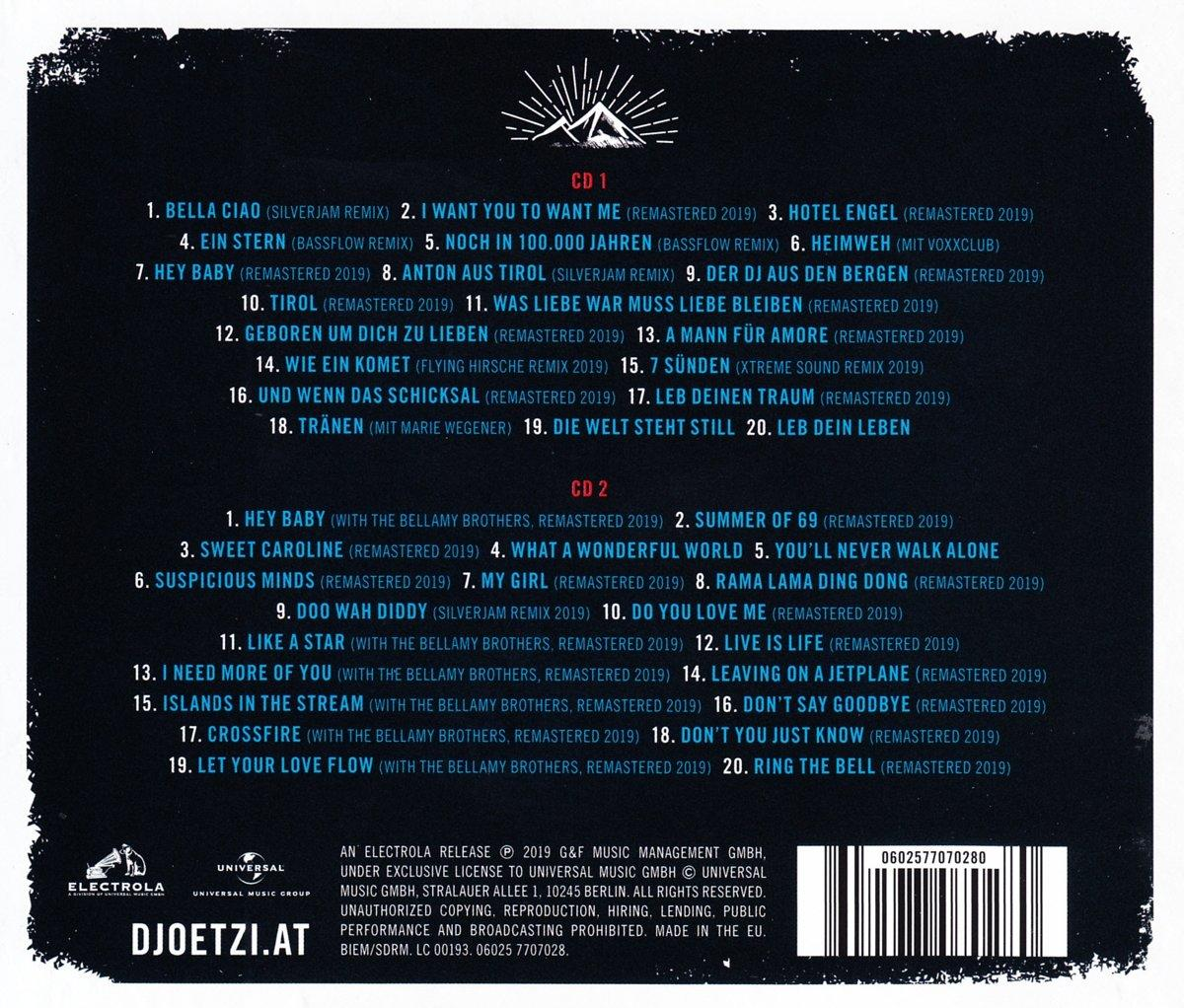 Albumcover mit Titelliste. Weißer Text auf dunklem Hintergrund. Mit Berggrafik und Logo.
