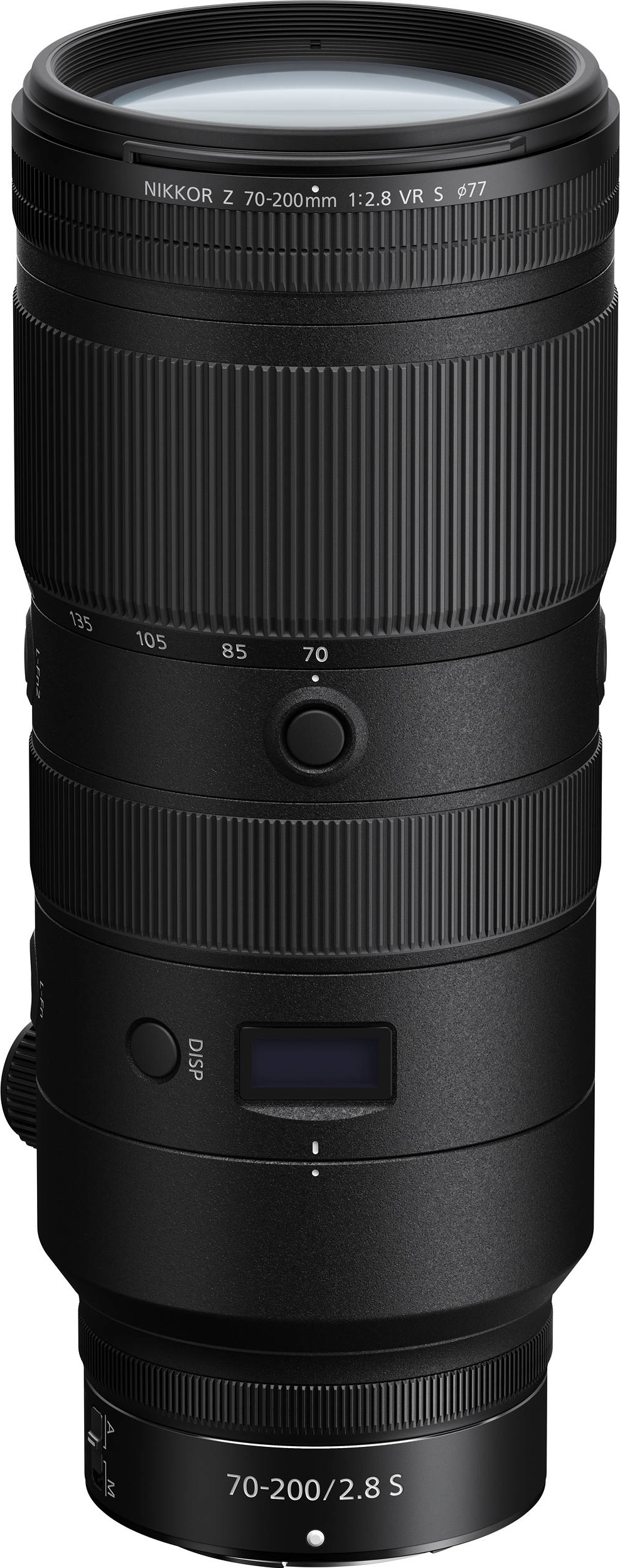 Un objectif Nikon Z 70-200mm 2.8 VR S noir avec plusieurs bagues et marquages. L'objectif est mis au point.