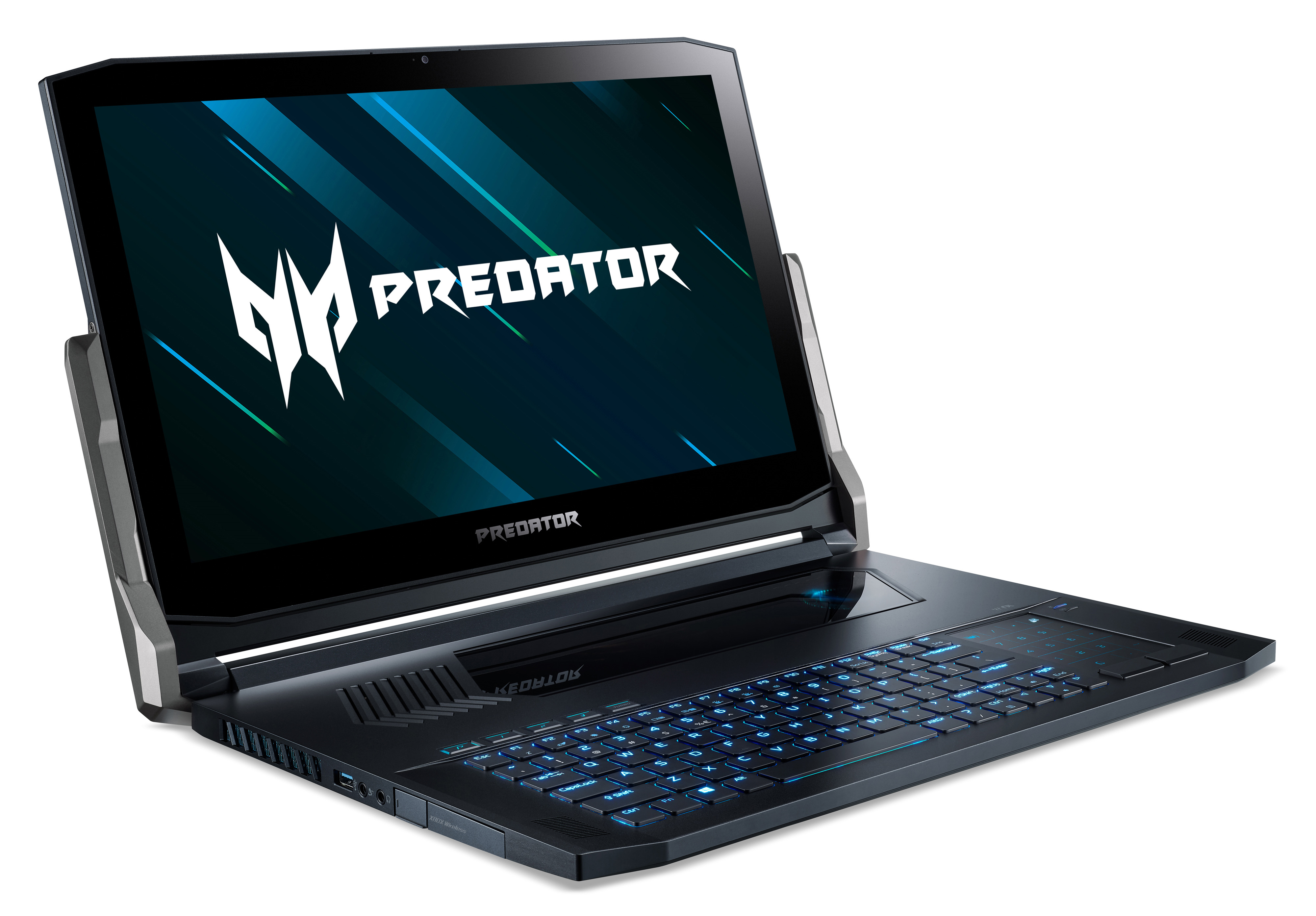 Schwarzer Predator Gaming-Laptop mit offenem Bildschirm, beleuchteter Tastatur und Predator-Logo.