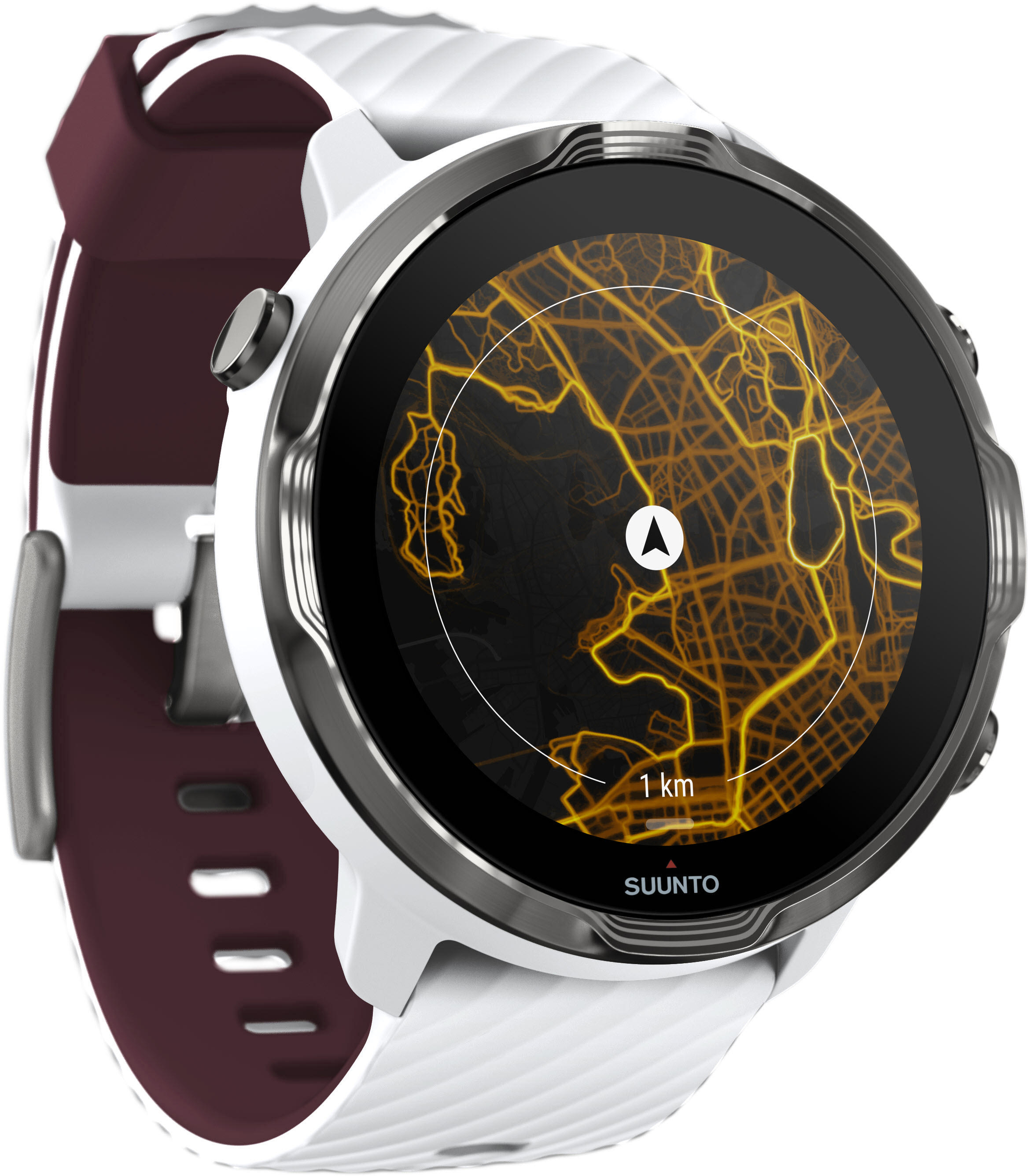 Weiß-maroon Smartwatch zeigt eine Karte mit einer Route. Die Uhr zeigt die Marke Suunto.