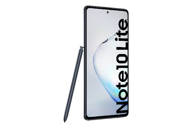 Teléfono negro Samsung Note10 Lite con lápiz óptico, el teléfono está en posición vertical con texto en la pantalla.
