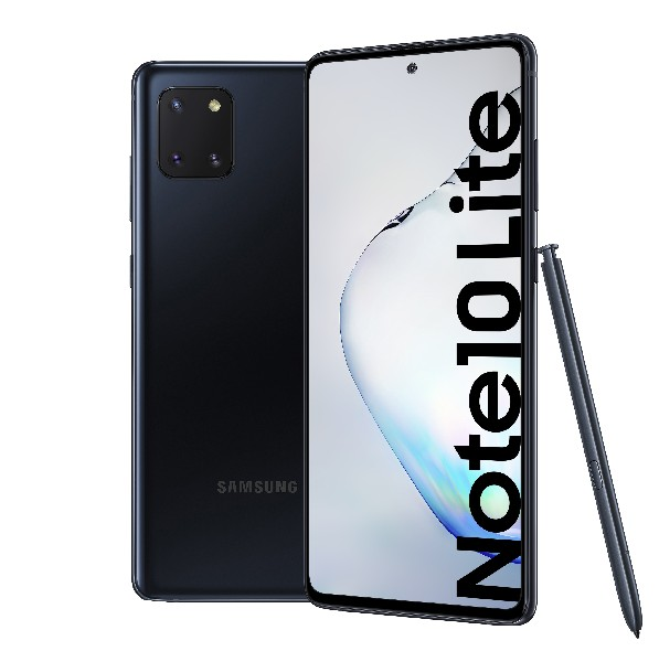 Un teléfono Samsung Galaxy Note10 Lite negro y un bolígrafo sobre un fondo blanco.