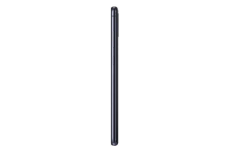 Vista lateral de un smartphone negro. El teléfono es elegante y tiene una superficie lisa.