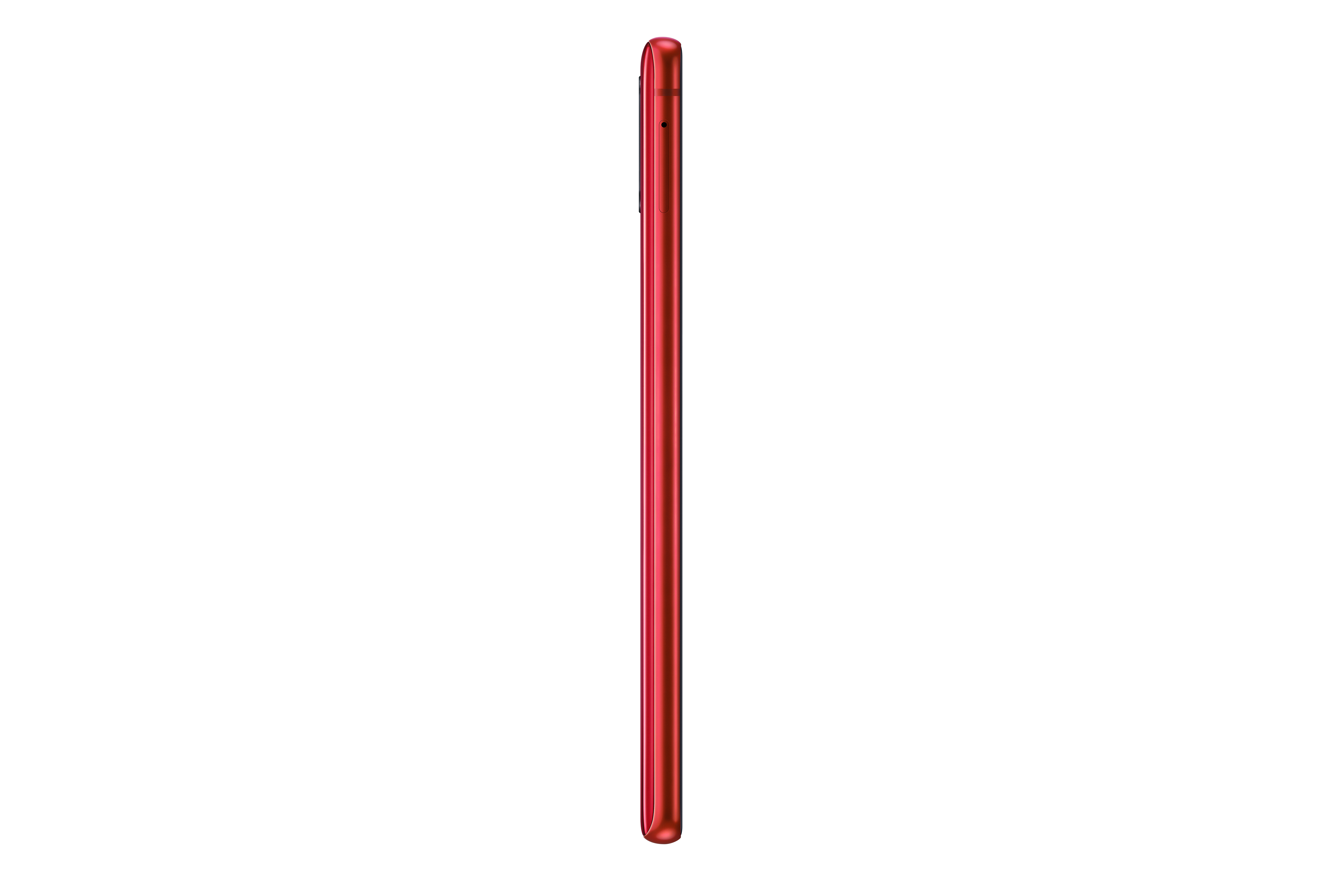 Vista lateral de un smartphone rojo.