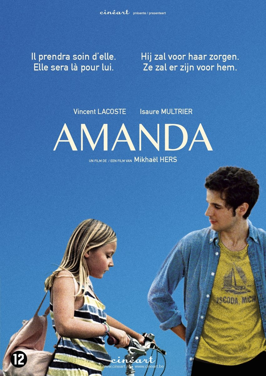 Filmposter. Een meisje en een man staan tegenover elkaar. Titel: "AMANDA" in grote witte letters.
