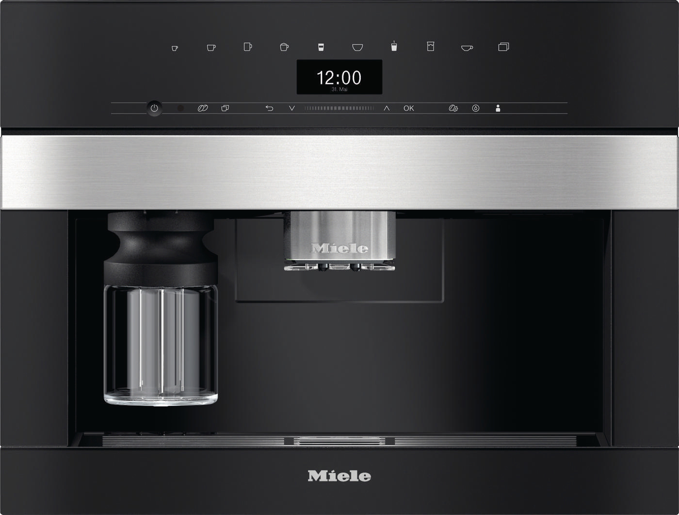 Schwarze Miele Einbau-Kaffeemaschine mit Digitalanzeige und Glaskaraffe links.