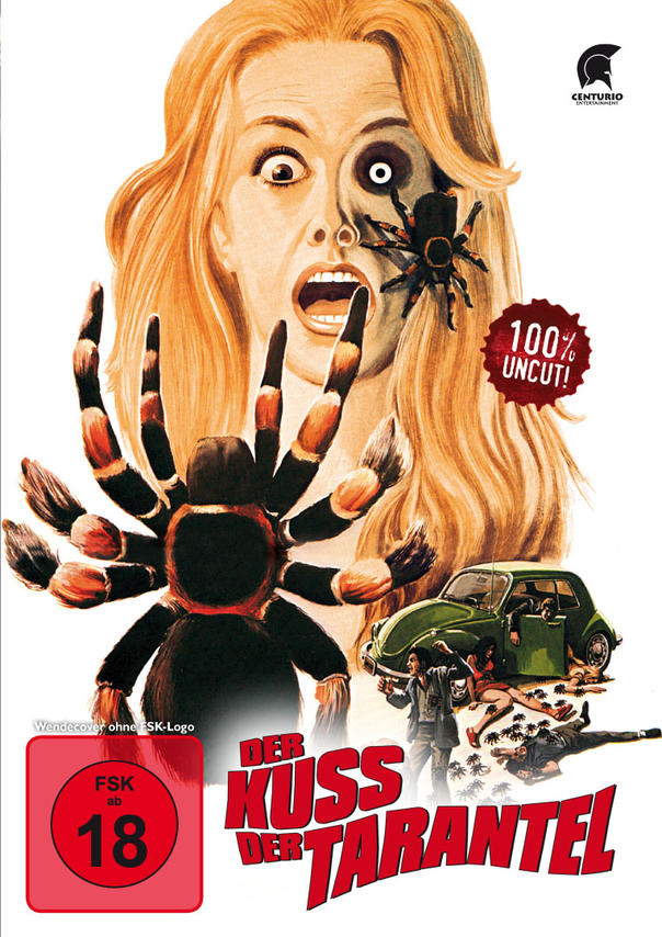Filmplakat: Frau mit Spinne im Gesicht, grünes Auto mit Menschen, Titel: Der Kuss Der Tarantel.