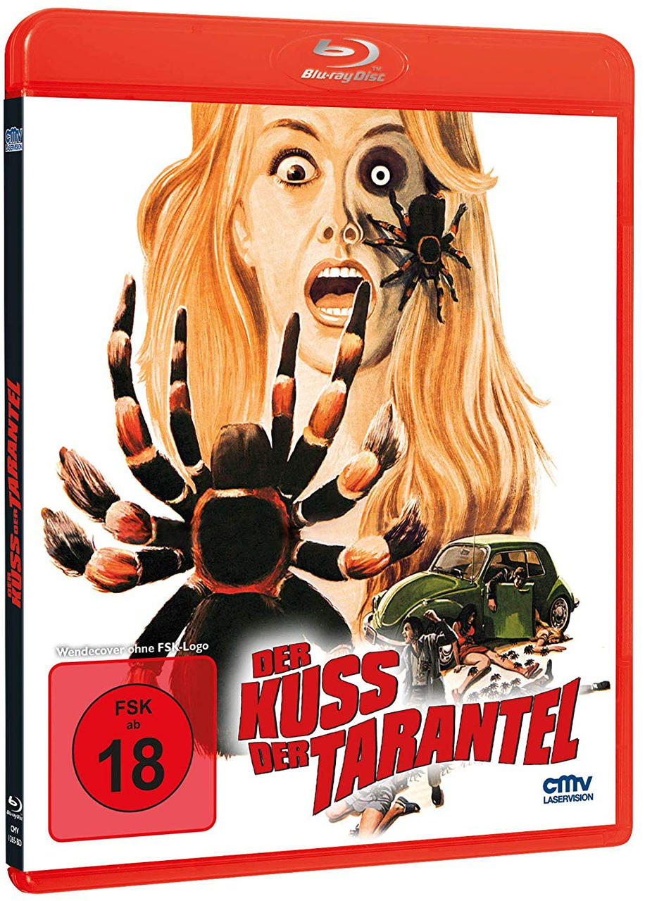Blu-ray-Cover: schreiende Frau, Spinne, grünes Auto und deutscher Titel 'Der Kuss der Tarantel'.