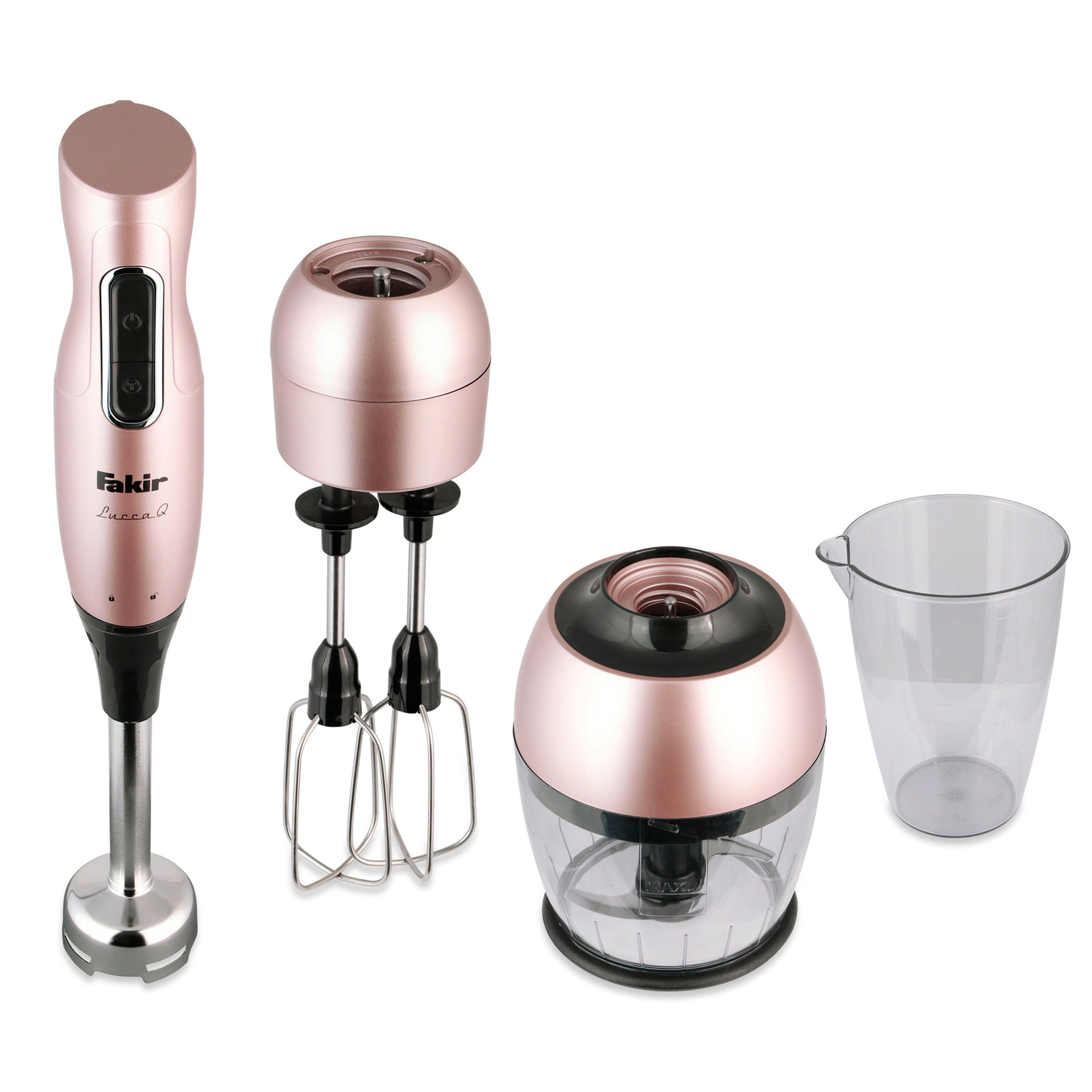FAKIR 9189001 Lucca Q Stabmixer Rosé (1000 Watt, Zerkleinerungsbehälter (500 ml), Messbecher (900 ml))