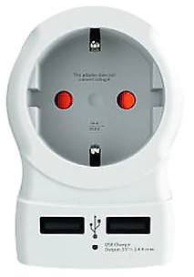 Witte elektrische adapter met twee USB-poorten en EU-stekker.