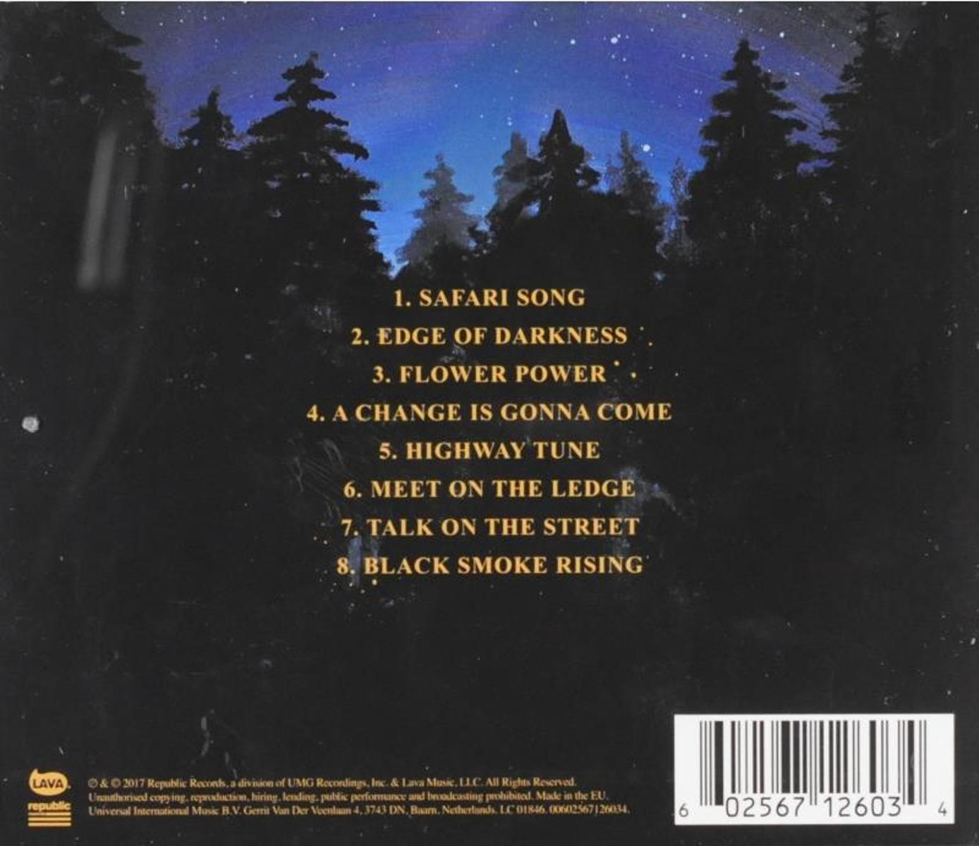 Dos d'un boîtier de CD. Fond noir avec texte blanc listant les titres des chansons.