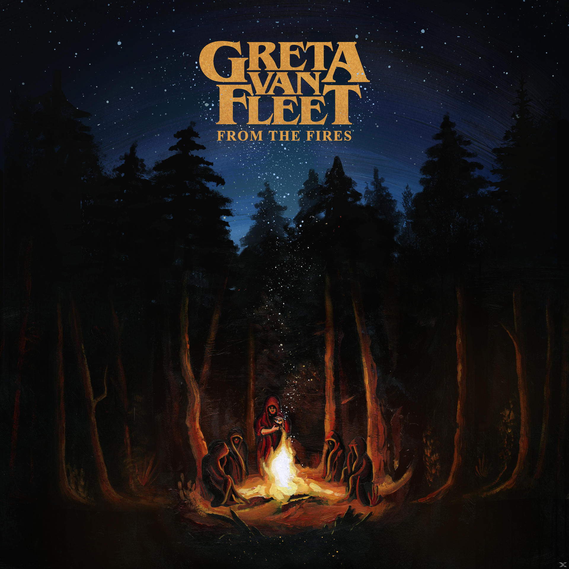 Pochette d'album. Des personnages autour d'un feu de joie dans une forêt sombre. Texte : Greta Van Fleet, From the Fires.