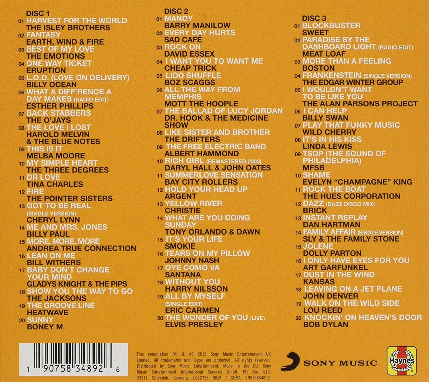 Pochette d'album avec liste des titres. Un disque vinyle est à gauche. Le logo Sony Music est en bas à droite.