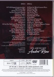 Rückseite einer DVD-Hülle mit Liedliste und Text über 'Ein Abend mit André Rieu'.