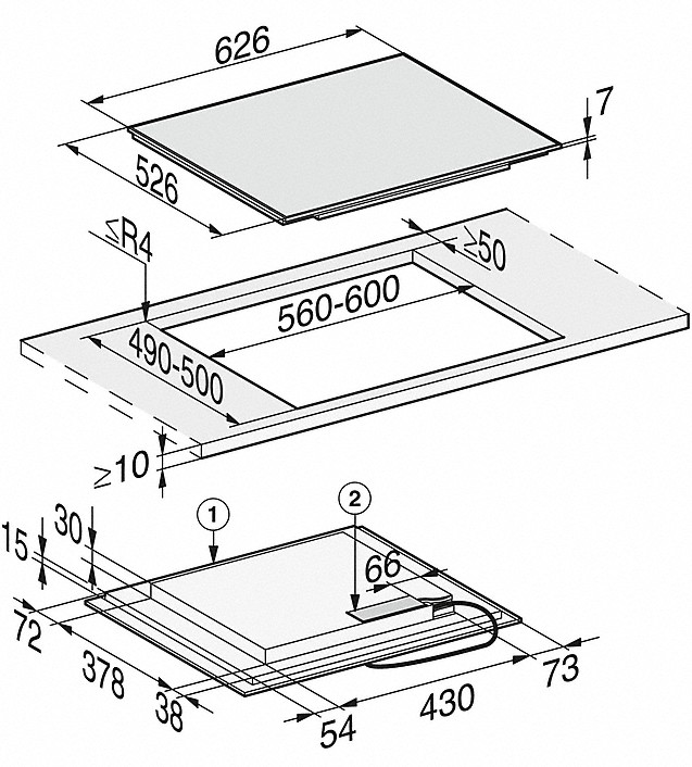 Diagramm eines eingebauten Kochfelds mit Abmessungen und Maßen.