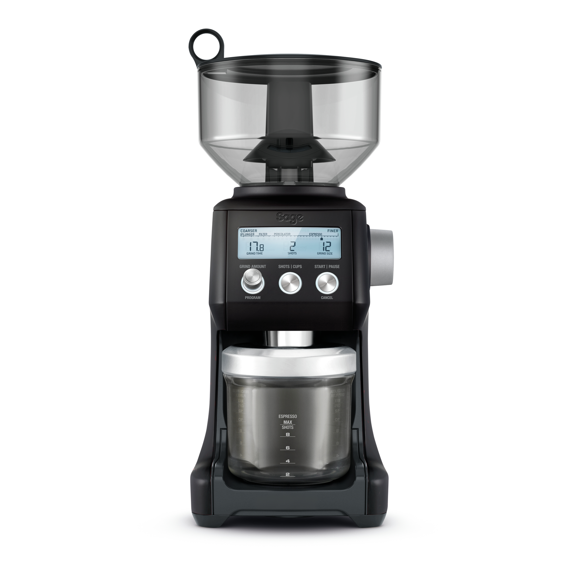Schwarze Kaffeemühle mit transparentem Bohnenbehälter und Behälter, vor weißem Hintergrund.
