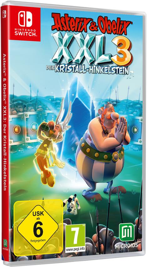 Asterix & Obelix XXL 3 Spielbox zeigt Zeichentrickfiguren und einen blauen Kristall.