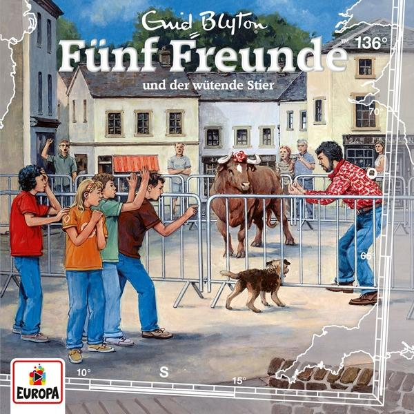Buchcover: Kinder, Bulle, Häuser, Text: Fünf Freunde und der wütende Stier.